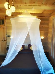 a room with a bed with a curtain in it at YAARI Shangarh in Shangarh