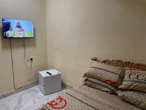 a bedroom with a bed with a tv on the wall at Prof's Villa in Kumasi +41 photos