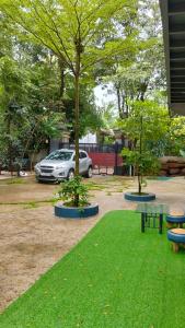 贡布Moonstone的公园里有两棵树、一张长椅和一辆车。