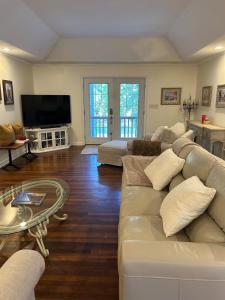 un soggiorno con un divano bianco e una televisione di Back Creek, Winchester, VA a Winchester