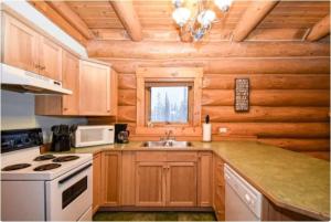 a kitchen with a stove and a sink in a cabin at Charming Rustic Cabin Perfect for Groups in Golden