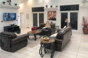 un salon avec des canapés en cuir et une télévision dans l'établissement Pet-Friendly Dover Retreat with Yard and Pool Table, à Dover