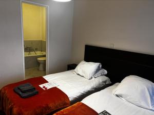 Una habitación de hotel con dos camas y un baño. en Studio with Private Bathroom in Antwerp & Free WiFi, TV, en Amberes
