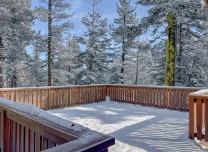 Pet-Friendly Home, Deck, 1 Mile to Alpine Meadows في Alpine Meadows: سطح مغطى بالثلج مع الأشجار في الخلفية