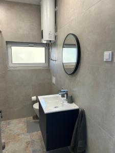 a bathroom with a sink and a mirror and a toilet at Apartmani Bjelovar - Centar 4 in Bjelovar +21 photos