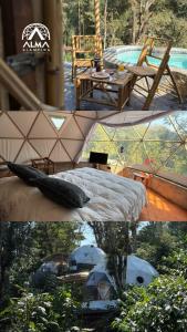 two pictures of a tent with a bed and a table at Alma Glamping in Xalapa