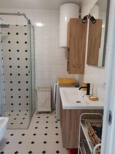 a small bathroom with a sink and a shower at Pogled Ada 1 in Belgrade +15 photos