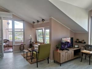 a living room with a tv and a table at Pogled Ada 1 in Belgrade