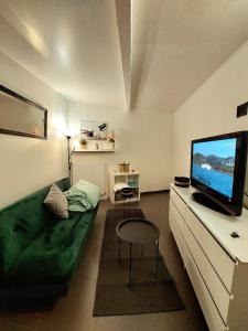 a living room with a green couch and a flat screen tv at Le Berkane in Argenteuil +34 photos