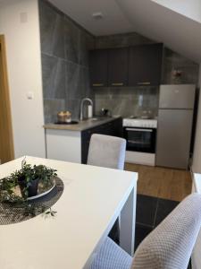 een keuken met een witte tafel met stoelen en een wastafel bij Apartman Rest Novi Sad in Novi Sad