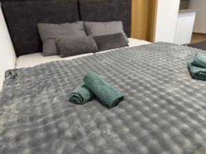 een groene handdoek op een bed bij Apartman Rest Novi Sad in Novi Sad