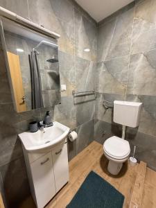 een badkamer met een wit toilet en een wastafel bij Apartman Rest Novi Sad in Novi Sad