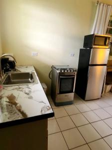 RaphuneKing Deluxe Plus Cottage at Boundless Bliss Hotel的厨房配有水槽、炉灶和冰箱 更多16张照片