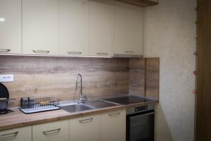 een keuken met witte kasten en een spoelbak bij Pro-Link Podgorica in Podgorica +9 foto's