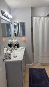 ein weißes Badezimmer mit Waschbecken und Dusche in der Unterkunft Luxury house in Disney in Kissimmee