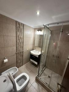 a bathroom with a shower and a toilet and a sink at Apart Sorrento in Santa Teresita