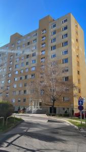 a large building with a tree in front of it at The GOR Apartment in Kecskemét