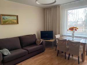 ein Wohnzimmer mit Sofa und Tisch in der Unterkunft Amber apartamentai in Druskininkai
