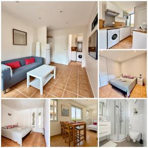 a collage of photos of a living room and kitchen at La Plage - 2 Apparts Clim WiFi, Familles & Amis in Palavas-les-Flots