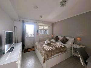 a bedroom with a bed and a window and a television at Lakeside Oxford Hotel in Oxford