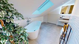 a bathroom with a large plant and a bath tub at HEIMATEL - Ferienhaus im Alpenblick in Primisweiler