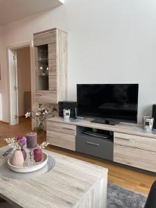 a living room with a television and a coffee table at Apartmani Anonim in Vrdnik