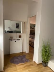 a room with a mirror and a rug on the floor at Apartmani Anonim in Vrdnik