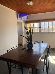 einen Esstisch mit einer Topfpflanze darauf in der Unterkunft Hogar de luz in Olavarría
