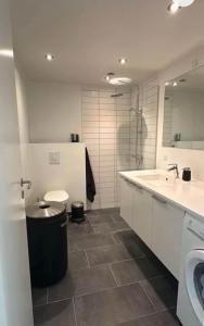 a white bathroom with a sink and a toilet at Odense Habor with access to the harbor sauna and pool in Odense