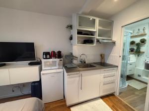 a kitchen with white cabinets and a sink and a tv at Charmant studio - Vanves in Vanves