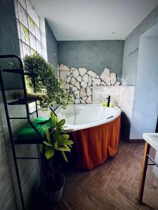 een badkuip in een badkamer met een stenen muur bij Gli occhi del vulcano in Linera