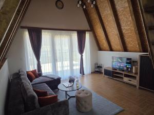 een woonkamer met een bank en een tv bij Monte Village in Nikšić