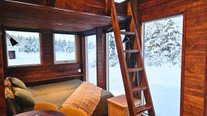 Reindeer Riverfront Aurora lodge في كيرونا: غرفة بسرير وسلم في كابينة