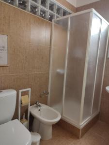 a bathroom with a shower and a toilet and a sink at Quinta das Maçãs by SH in Alvaiázere