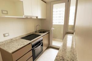 een kleine keuken met een spoelbak en een fornuis bij Incredible apartment, front beach la horseshoe 