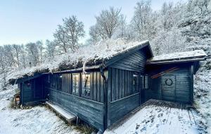 a cabin with a snow covered roof in the snow at Awesome Home In Tjørhom in Haugen