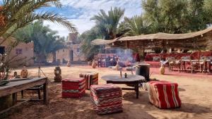 Un grupo de sillas y una mesa en un desierto. en Auberge la Palmeraie, en Mhamid