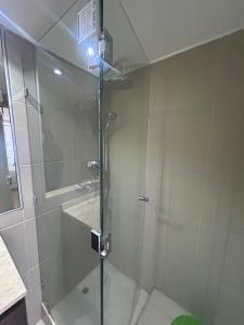 une douche avec une porte en verre dans une salle de bain dans l'établissement Hermosa vista frente al puerto de Iquique, à Iquique