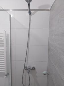 a shower with a hose in a white tiled bathroom at Las Pircas PB in Alta Gracia +10 photos