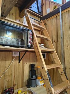 a ladder in the kitchen of a tiny house at Refugio CASA NAVE Torre del Bosque in San Eduardo del Mar +51 photos