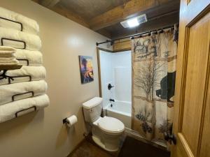 Riverfront, Authentic, Luxury Log Cabin-Bison في واسيلا: حمام مع مرحاض ودش ومناشف +20 صورة