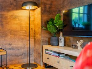a floor lamp in a living room with a television at Im grünen Herzen in Donnersbachwald +45 photos