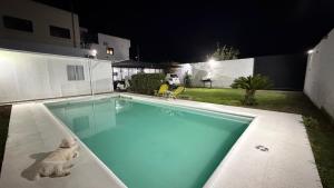 a dog sitting next to a swimming pool at night at brisas del dique in San Fernando del Valle de Catamarca