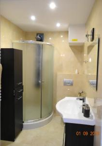 a bathroom with a glass shower and a sink at Apartament Kryształowy in Krynica Zdrój