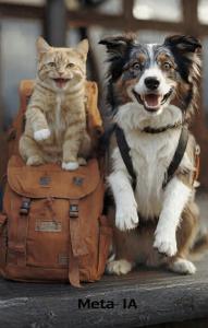 Um cachorro e um gato estão sentados em cima de malas. em Recanto do Sossego em Águas de Lindóia