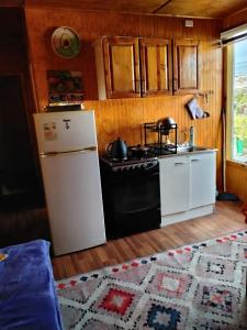 a kitchen with a stove and a refrigerator at Departamento centro Quellon in Quellón