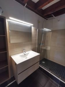 COTTAGE BLUE classé 3 étoiles - 4 à 6 personnes - 2 chambres - accès direct à la plage et à l'esplanade de Boucan Canot avec ses bars et restaurants في سان جيل لي بان: حمام مع حوض ودش