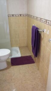 a bathroom with a toilet and a shower with purple towels at Tropical Canary Home - Playa Del Ingels in Playa del Ingles