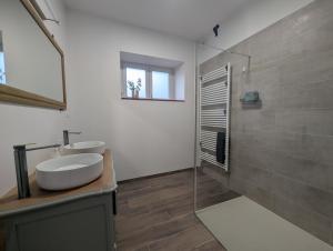 a bathroom with a sink and a glass shower at Les champs dessus in Sarrey +23 photos