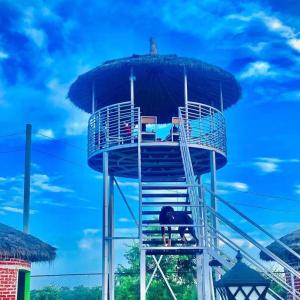 Um cavalo está parado em uma torre de salva-vidas. em Rhino Spot Resort em Meghauli